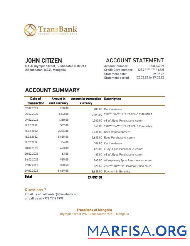 Realistic Mongolia Transbank bank statement excel download for verification